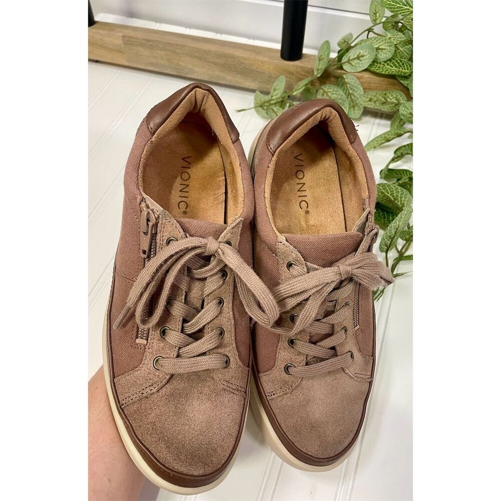 Vionic Mayra Mauve/Brown Sneakers Size 7.5 Suede & Canvas Zip - Picture 4 of 10